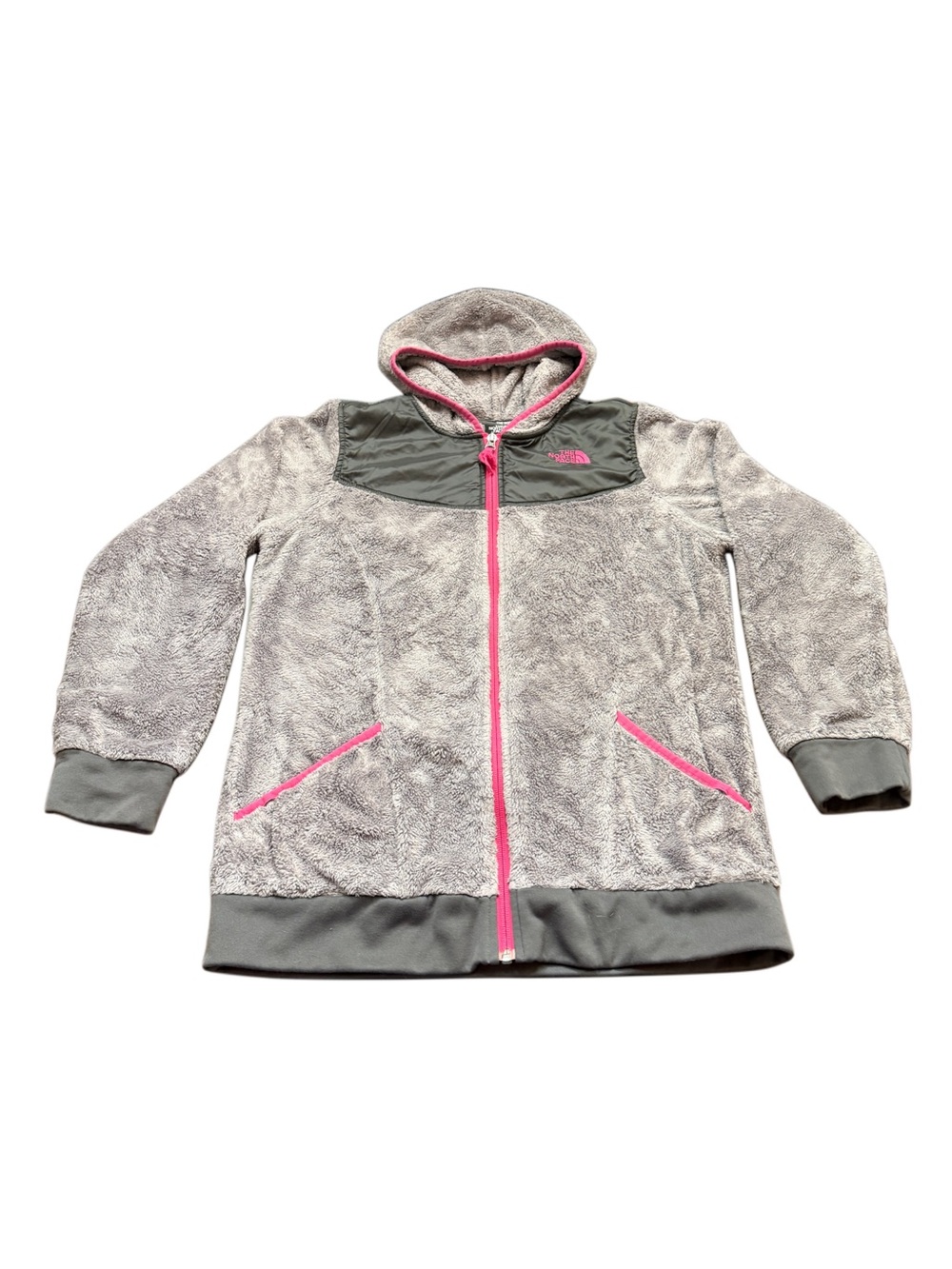 The North Face Girls' Gray Fuzzy Hoodie with Pink Trim